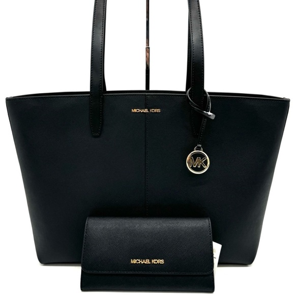 Michael Kors Medium Jet Set Travel Zip Tote Bag & Trifold Wallet Black/Gold - Picture 1 of 13